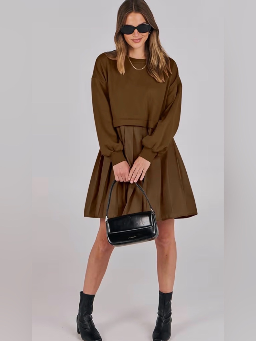 Olive Green Pleated Oversized Sweatshirt Dress - Picture 7 of 8